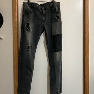 Men's Black Skinny Distressed Jeans with Patch Detail